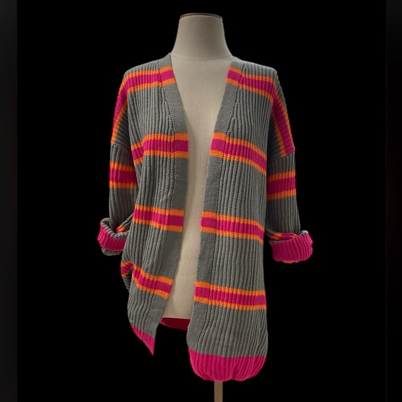Woven Right Sweaters - Woven Right Womens Striped Chunky Knit Cardigan Grey Pink Orange Size Medium NWT